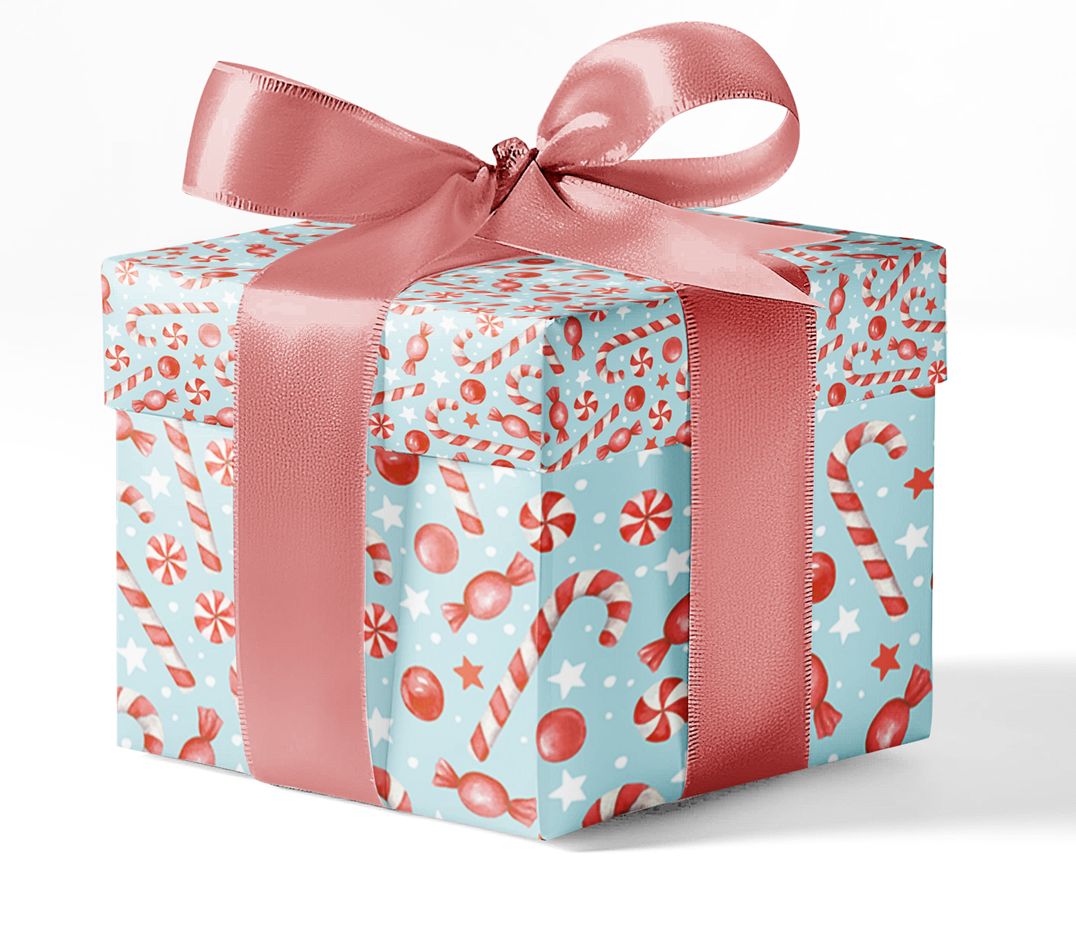 A gift box wrapped in custom wrapping paper with a blue and red candy pattern, tied with a pink ribbon.