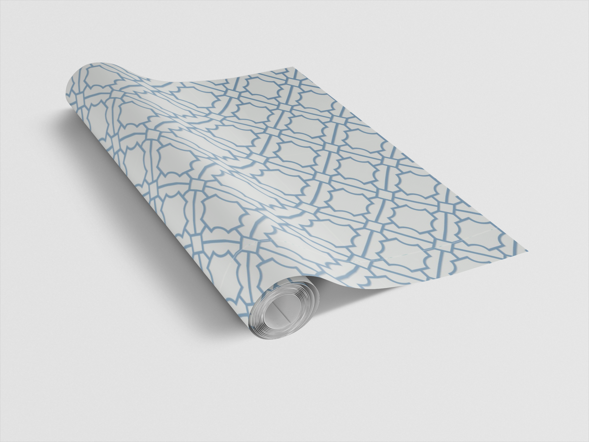 Roll of wallpaper with a geometric pattern on a light gray background