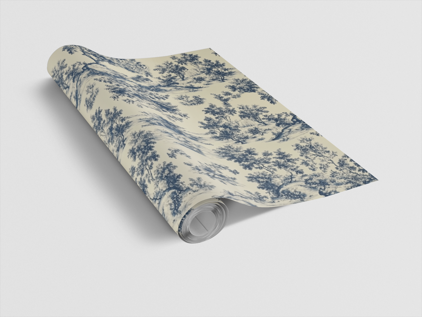 Roll of wallpaper with blue floral pattern on a white background