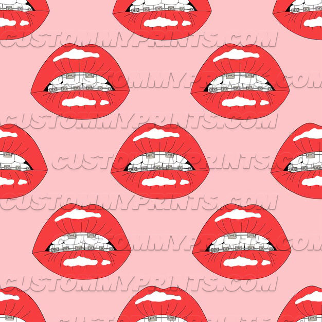 Pattern of red lips with white teeth on a pink background, featuring 'CustomMyPrints.com' branding.