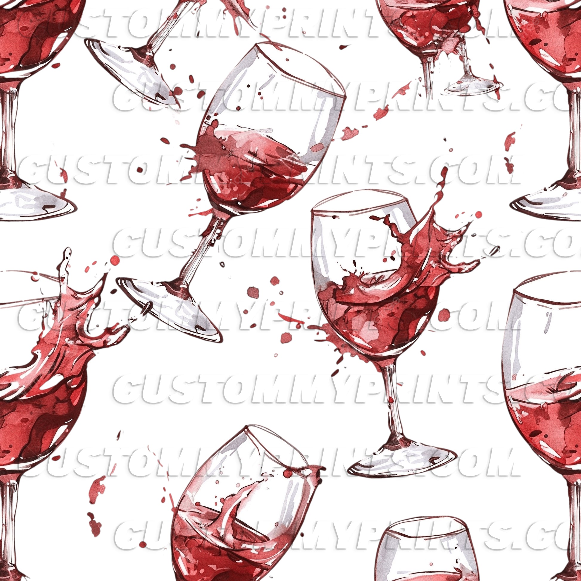 Pattern of red wine glasses with splashes on a white background