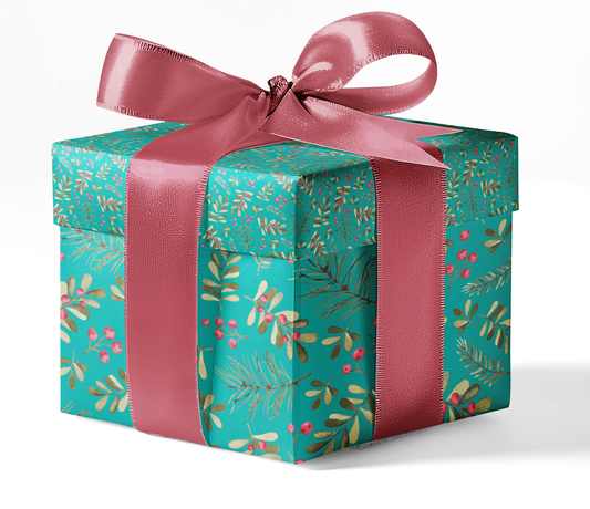 A gift box wrapped in custom cranberry print wrapping paper with a pink ribbon.