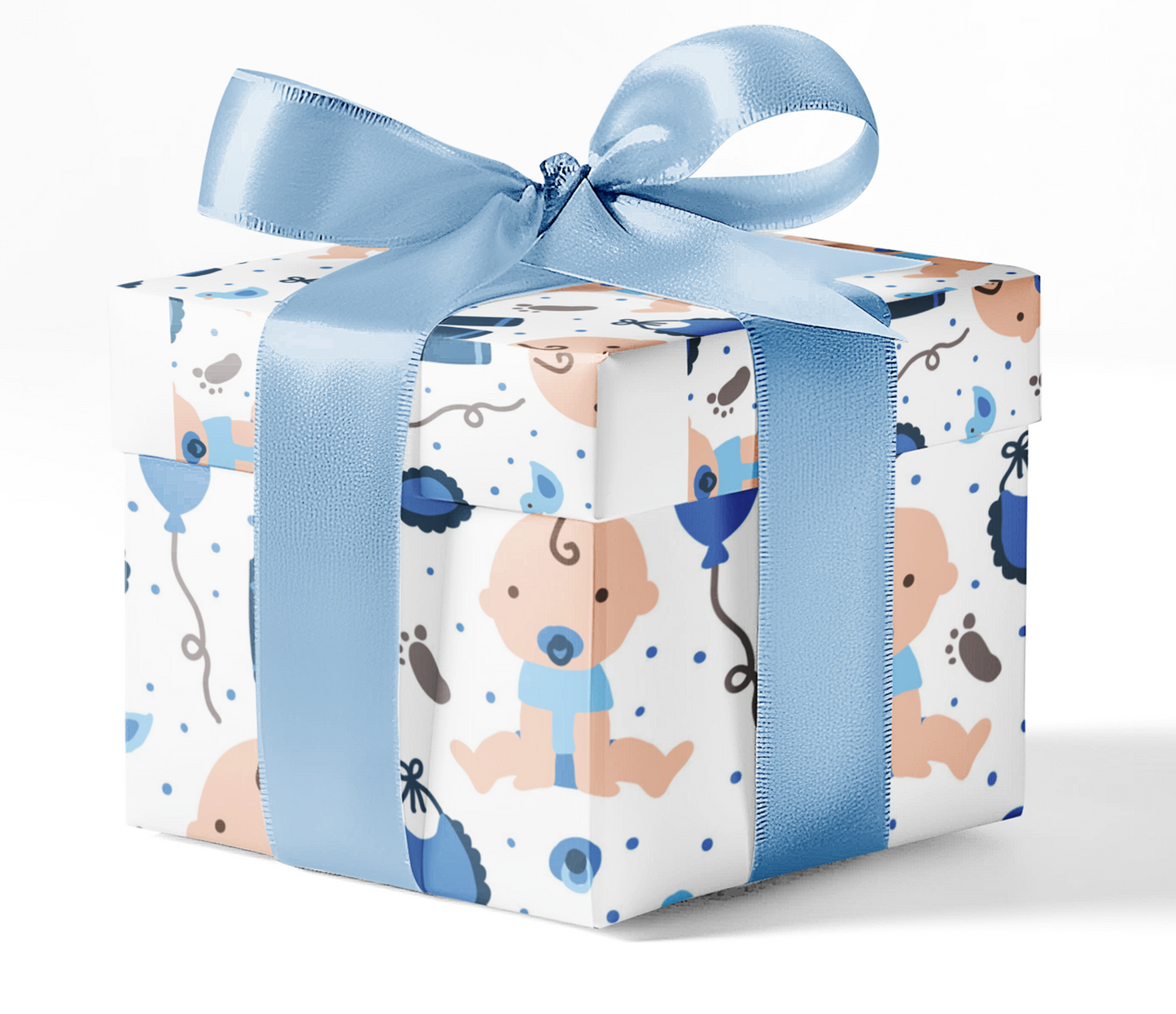 A gift box wrapped in custom baby blue wrapping paper with a blue ribbon, featuring a pattern with baby-themed illustrations such as a baby bottle and a stork.