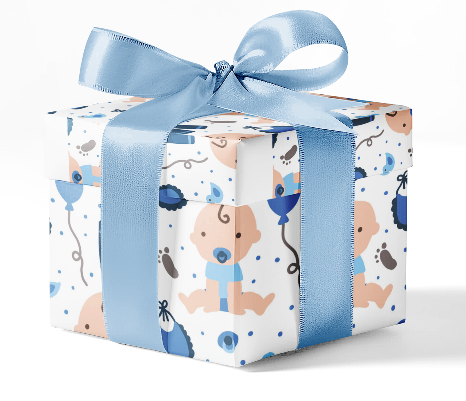 A gift box wrapped in custom baby blue wrapping paper with a blue ribbon, featuring a pattern with baby-themed illustrations such as a baby bottle and a stork.
