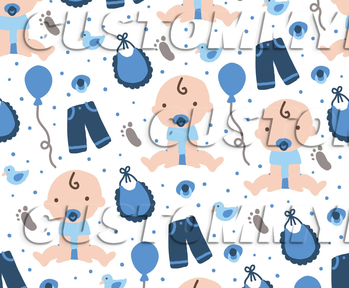 Pattern of baby boys, blue pants, balloons, and birds on a white background.