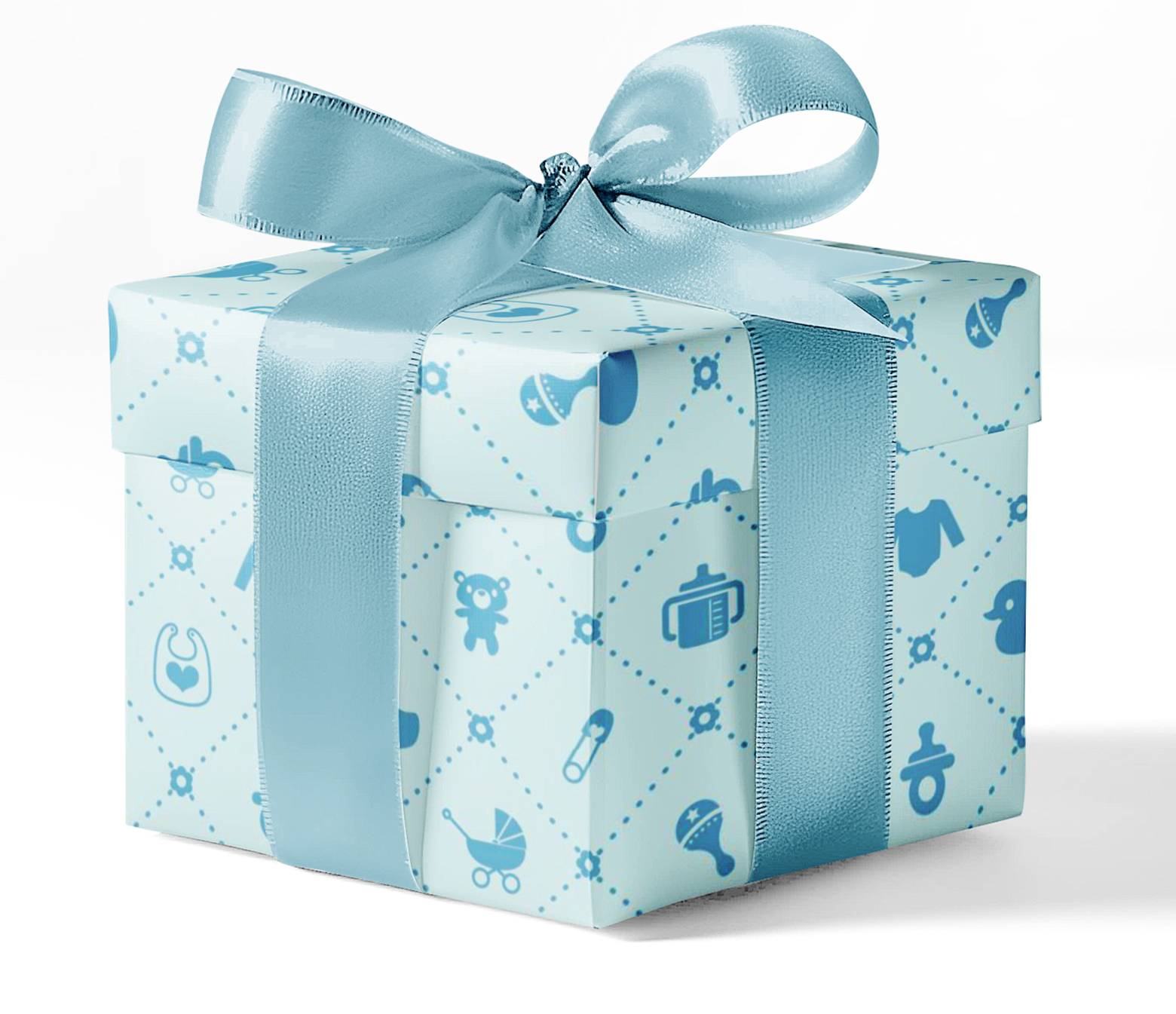 A gift wrapped in custom baby quilt wrapping paper with a blue ribbon, featuring a pattern with baby-related icons such as strollers and bottles.