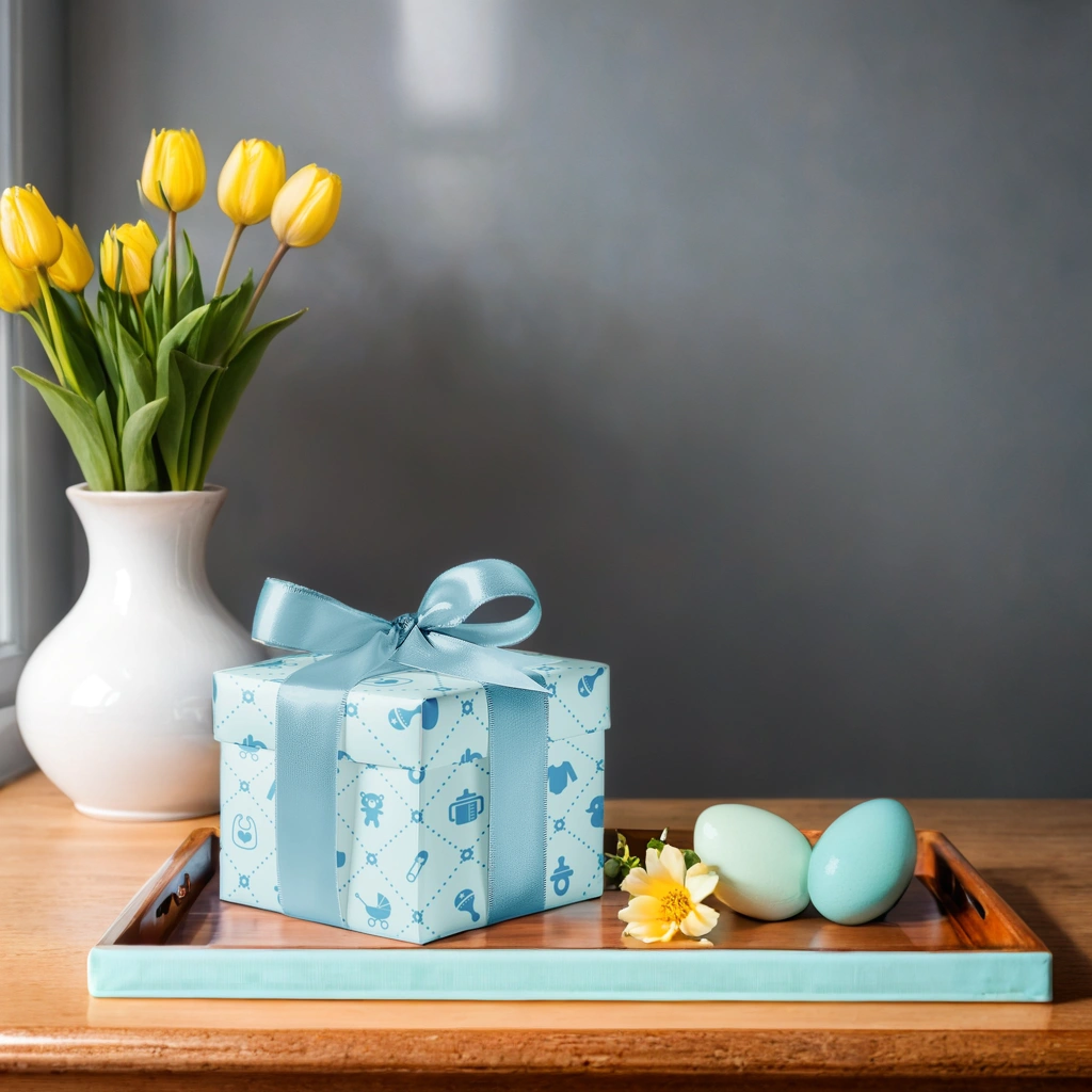 Gift box with blue wrapping paper, ribbon, and Easter eggs on a wooden tray with yellow tulips in the background.