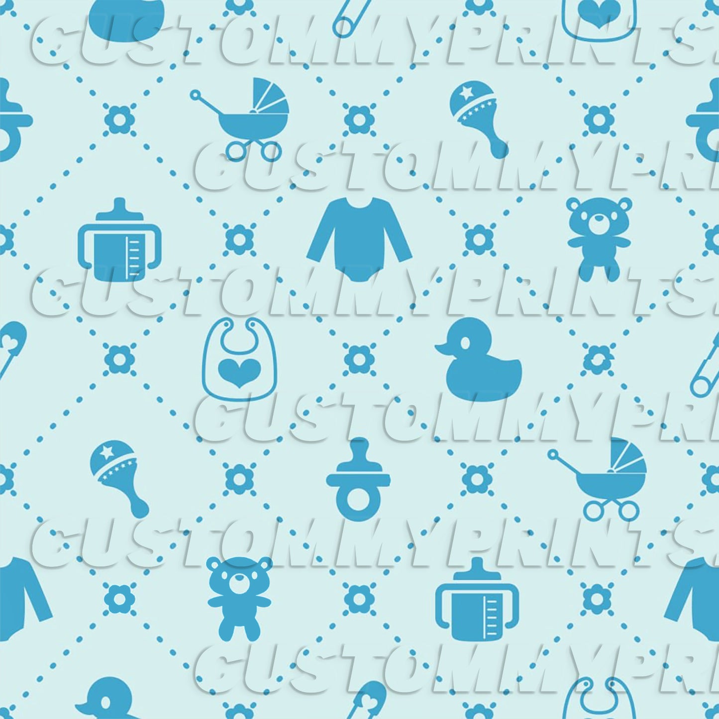 Pattern of baby-related icons on a light blue background with 'Custom Prints' text.