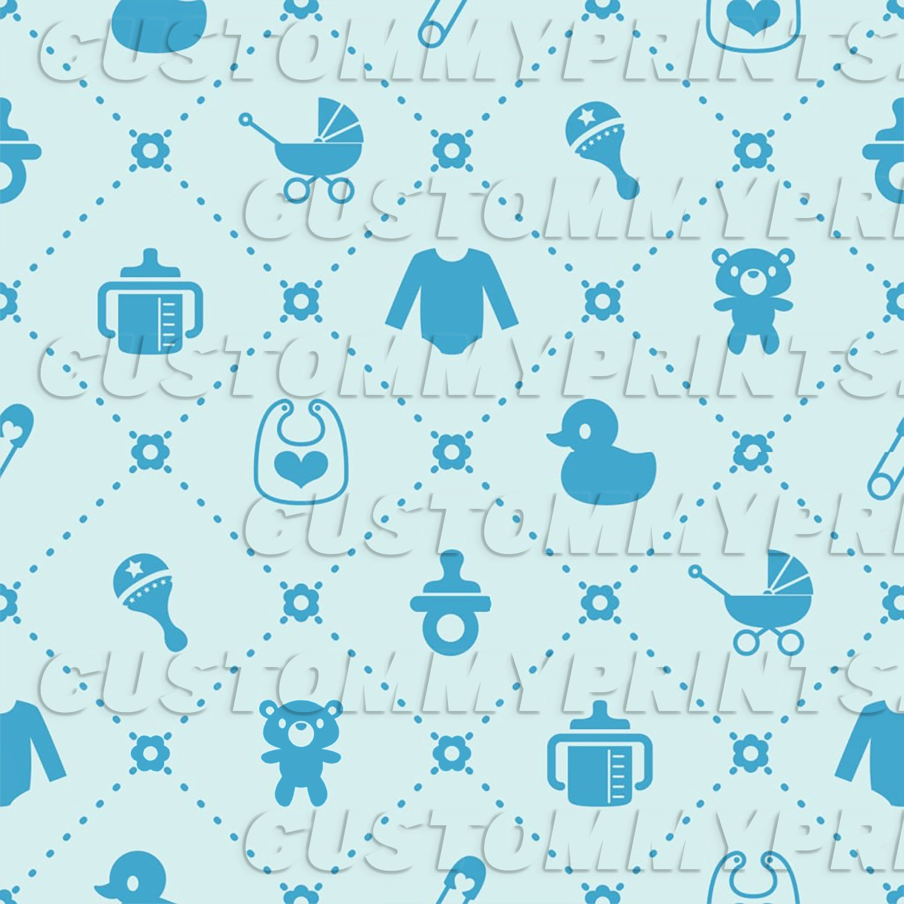 Pattern of baby-related icons on a light blue background with 'Custom Prints' text.