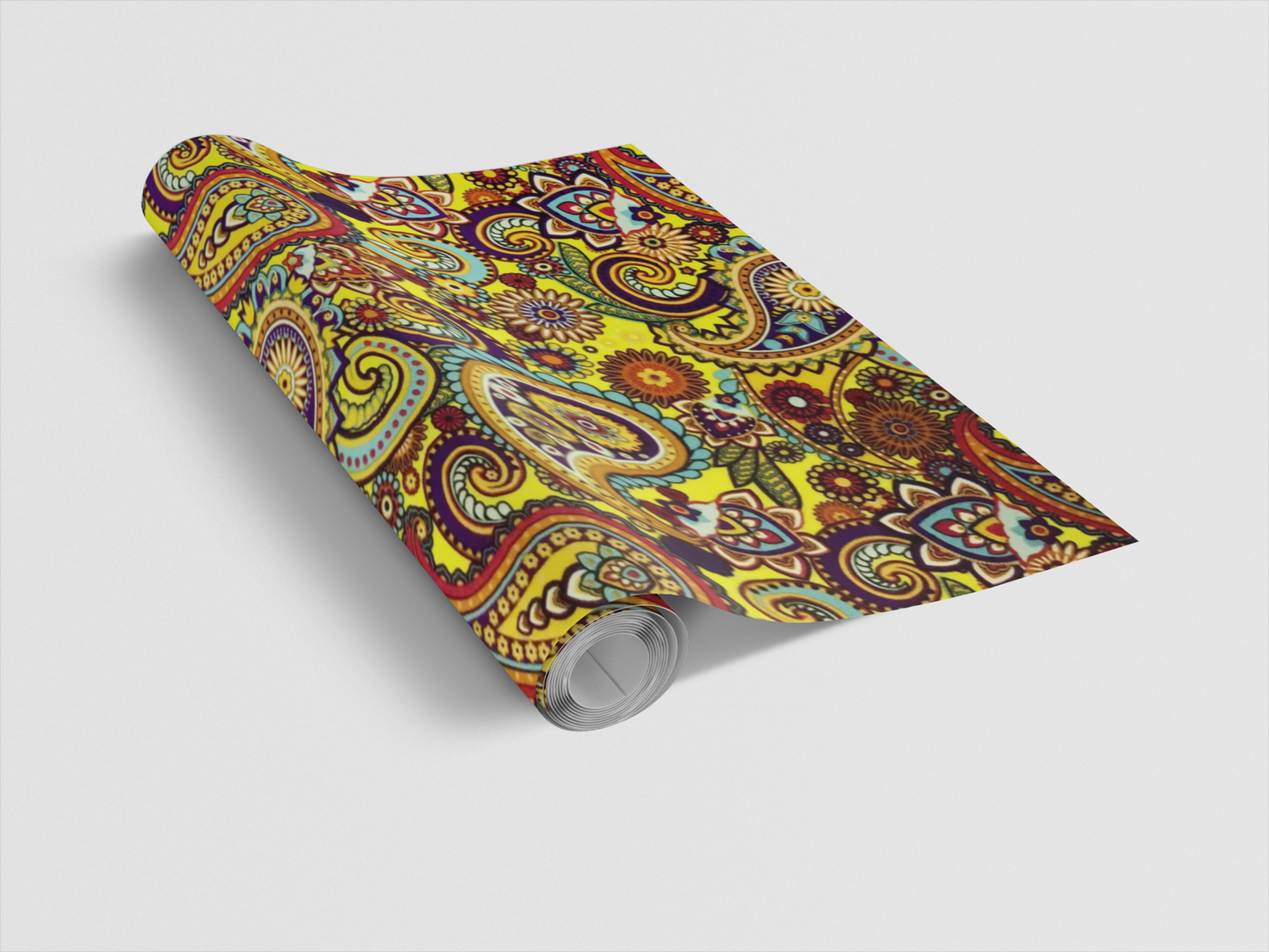 Colorful paisley-patterned yoga mat on a light gray background