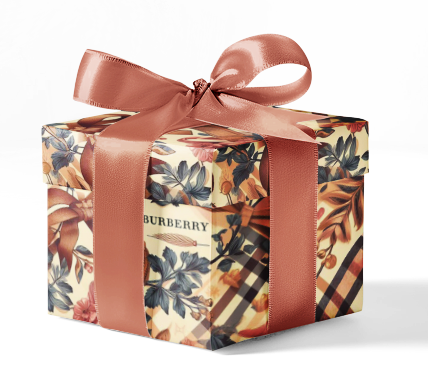 A gift box wrapped in custom Burberry rose pattern wrapping paper with a brown ribbon.