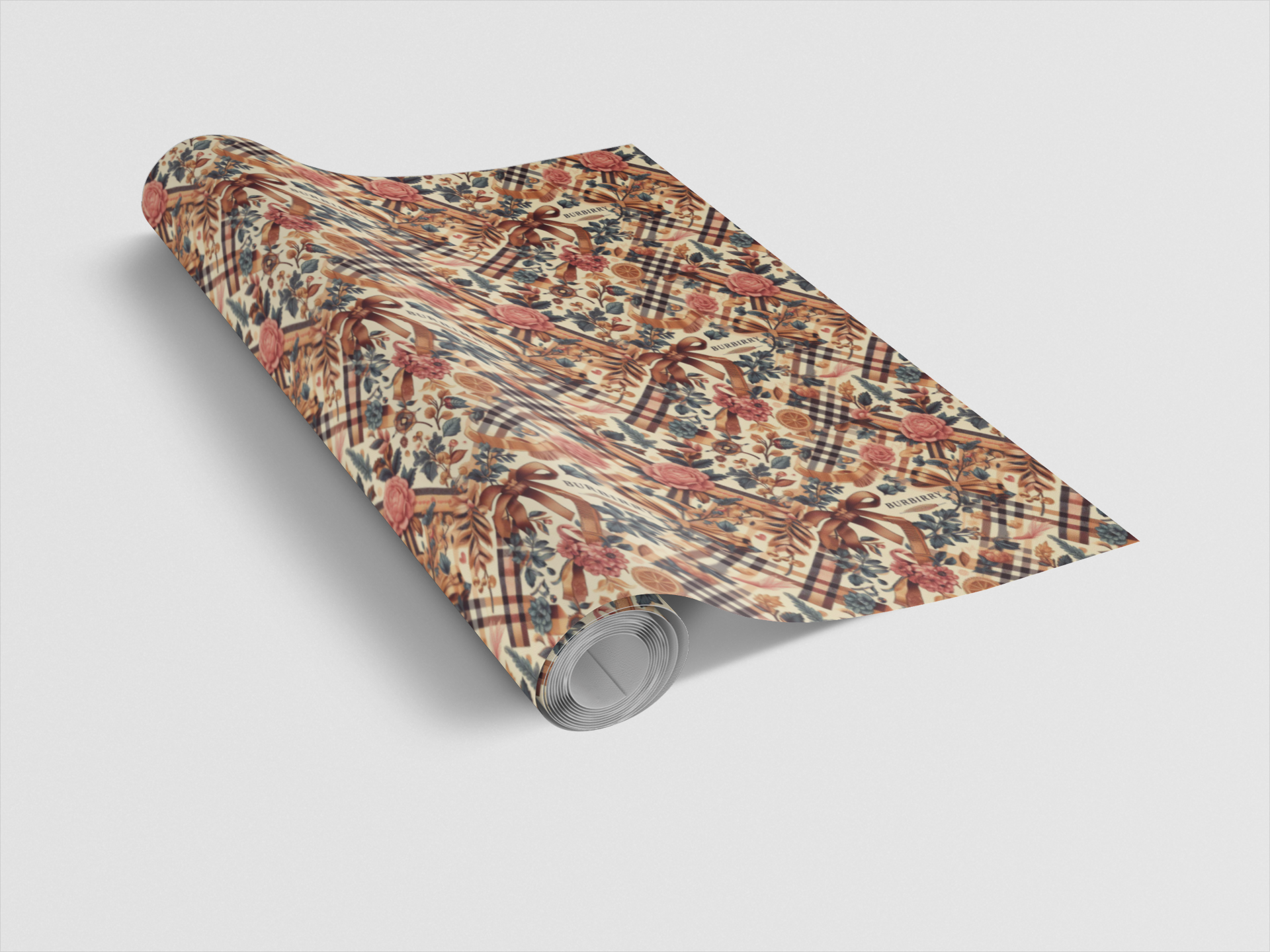 Roll of floral-patterned paper on a light gray background