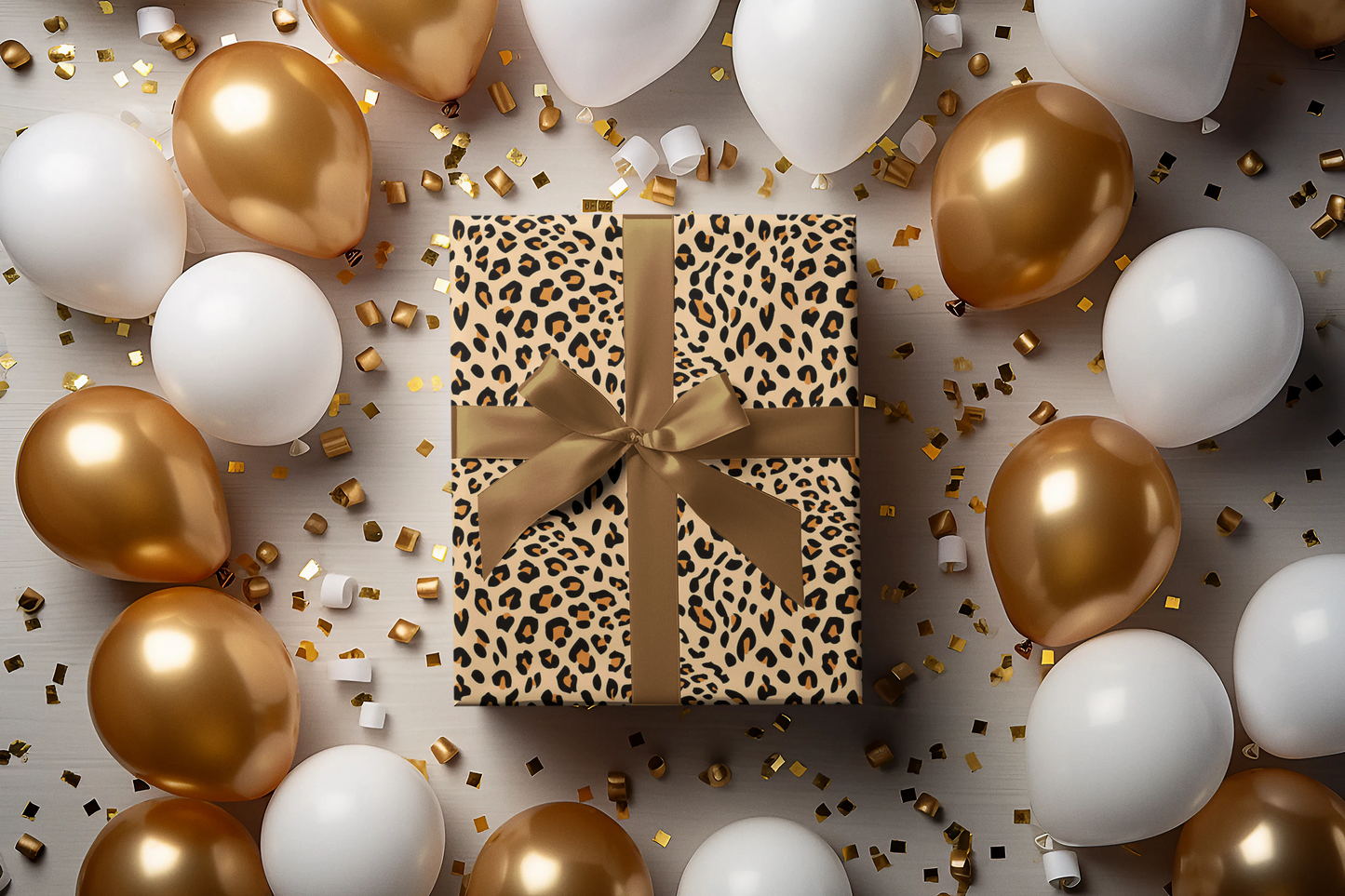 Leopard print gift box with a bow surrounded by gold and white balloons on a light gray background