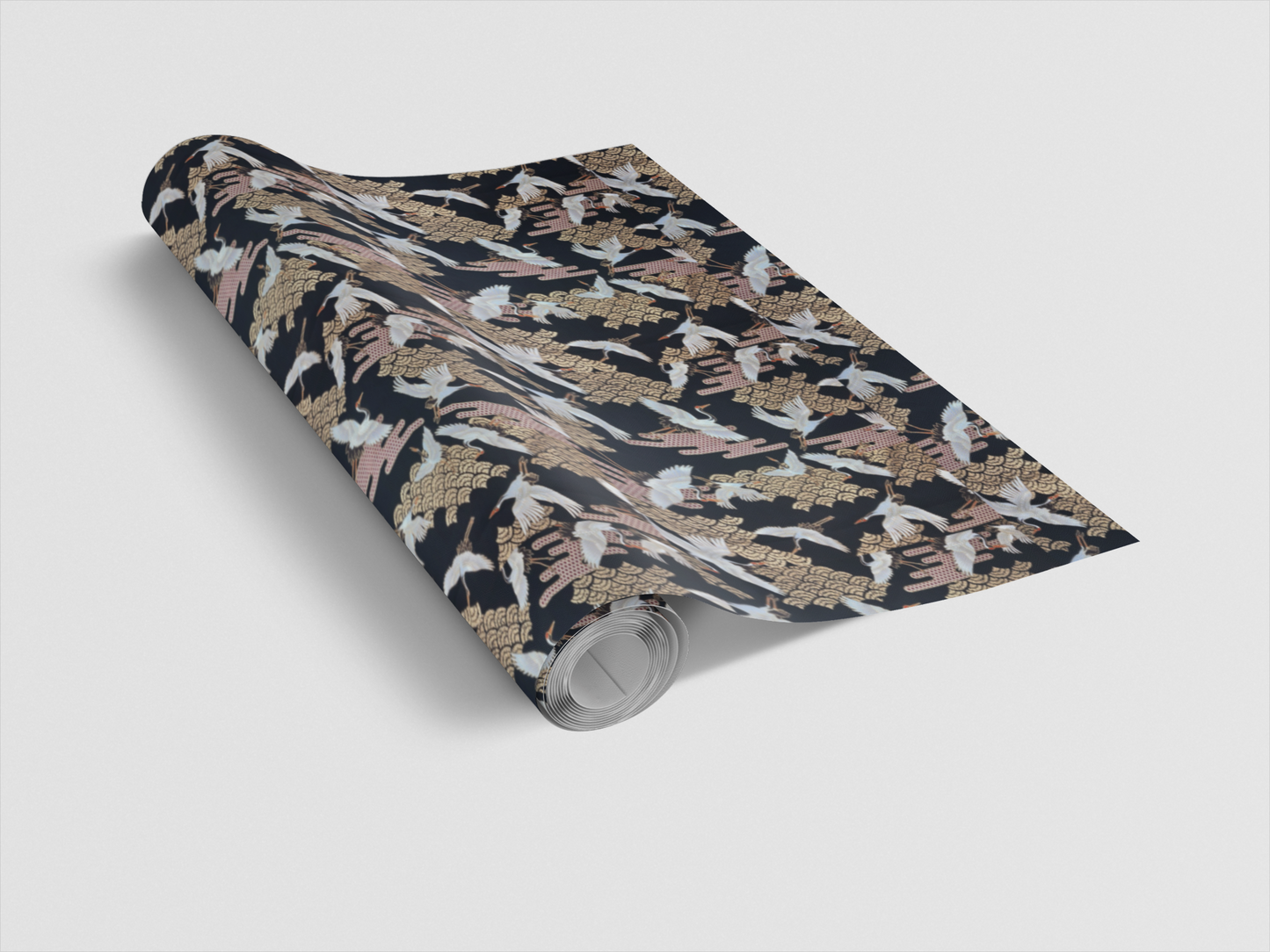 Roll of patterned paper with a floral design on a white background