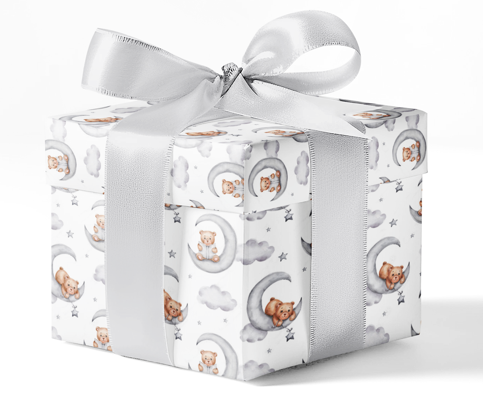 A gift wrapped in custom wrapping paper with a pattern of teddy bears and stars, presented with a white ribbon bow.