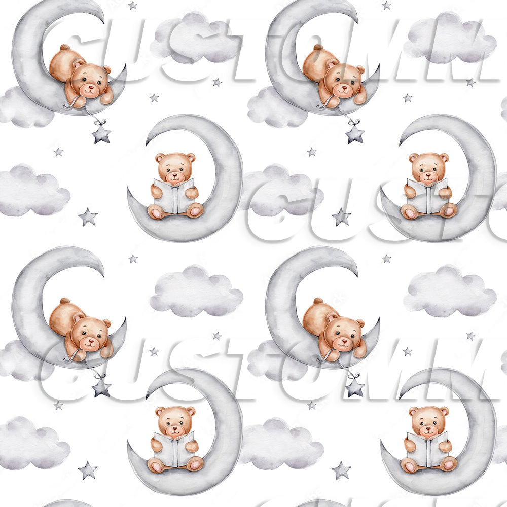 Pattern of teddy bears on moons and clouds with stars.
