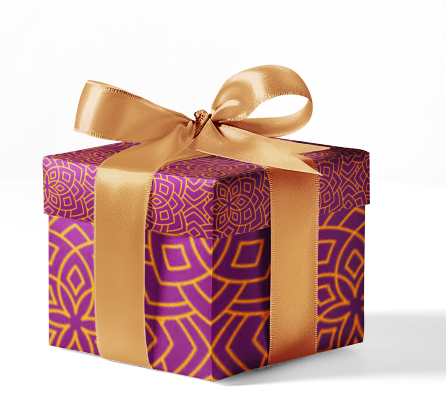A gift box wrapped in custom wrapping paper with a geometric purple and orange pattern, tied with a gold ribbon.