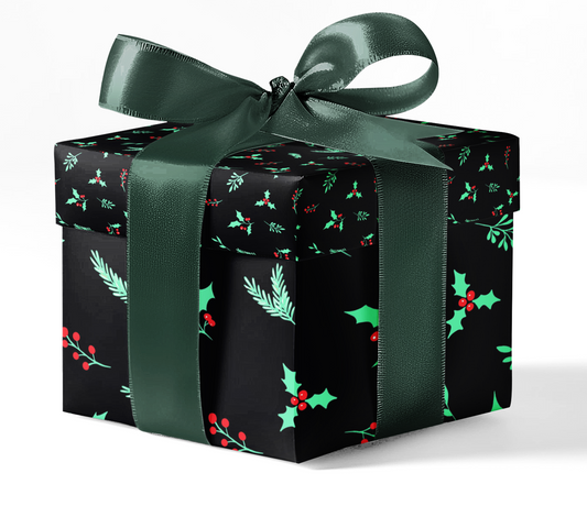 A gift box wrapped in custom Holly wrapping paper with a green ribbon, set against a white background.