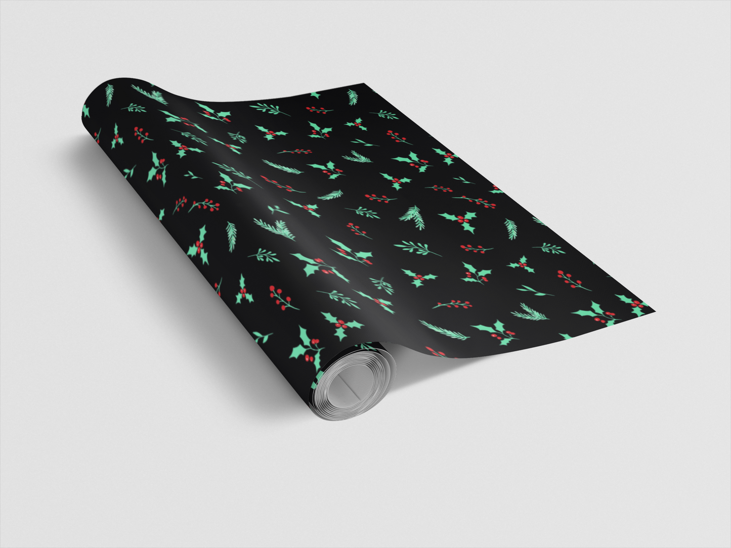 Roll of wrapping paper with Christmas-themed design on a white background