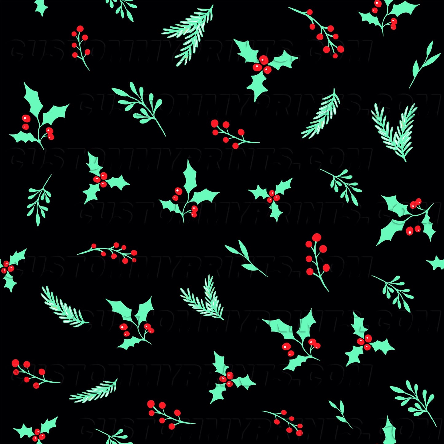 Christmas pattern with holly leaves and berries on a black background