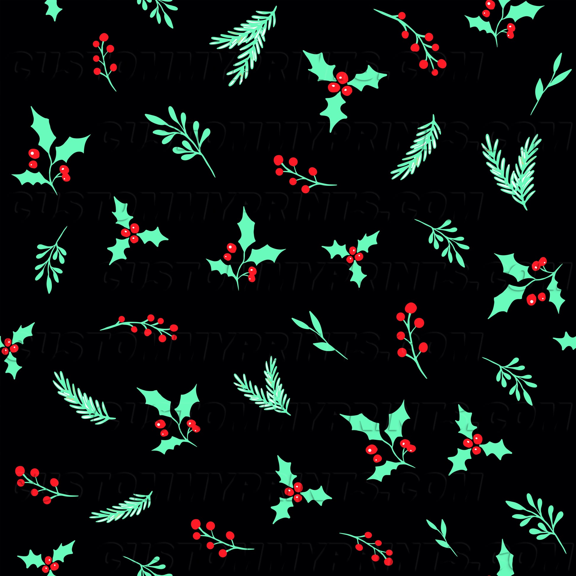 Christmas pattern with holly leaves and berries on a black background