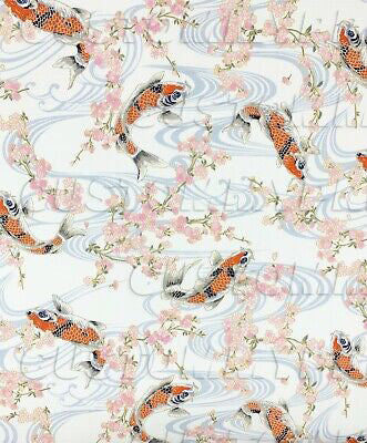 Pattern of Koi fish and cherry blossoms on a white background
