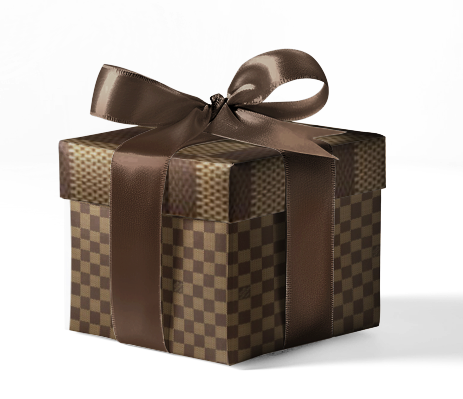 A gift box wrapped in custom Louis Vuitton checked pattern wrapping paper with a brown ribbon.