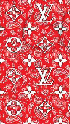 L V pattern with white logos and designs on a red background