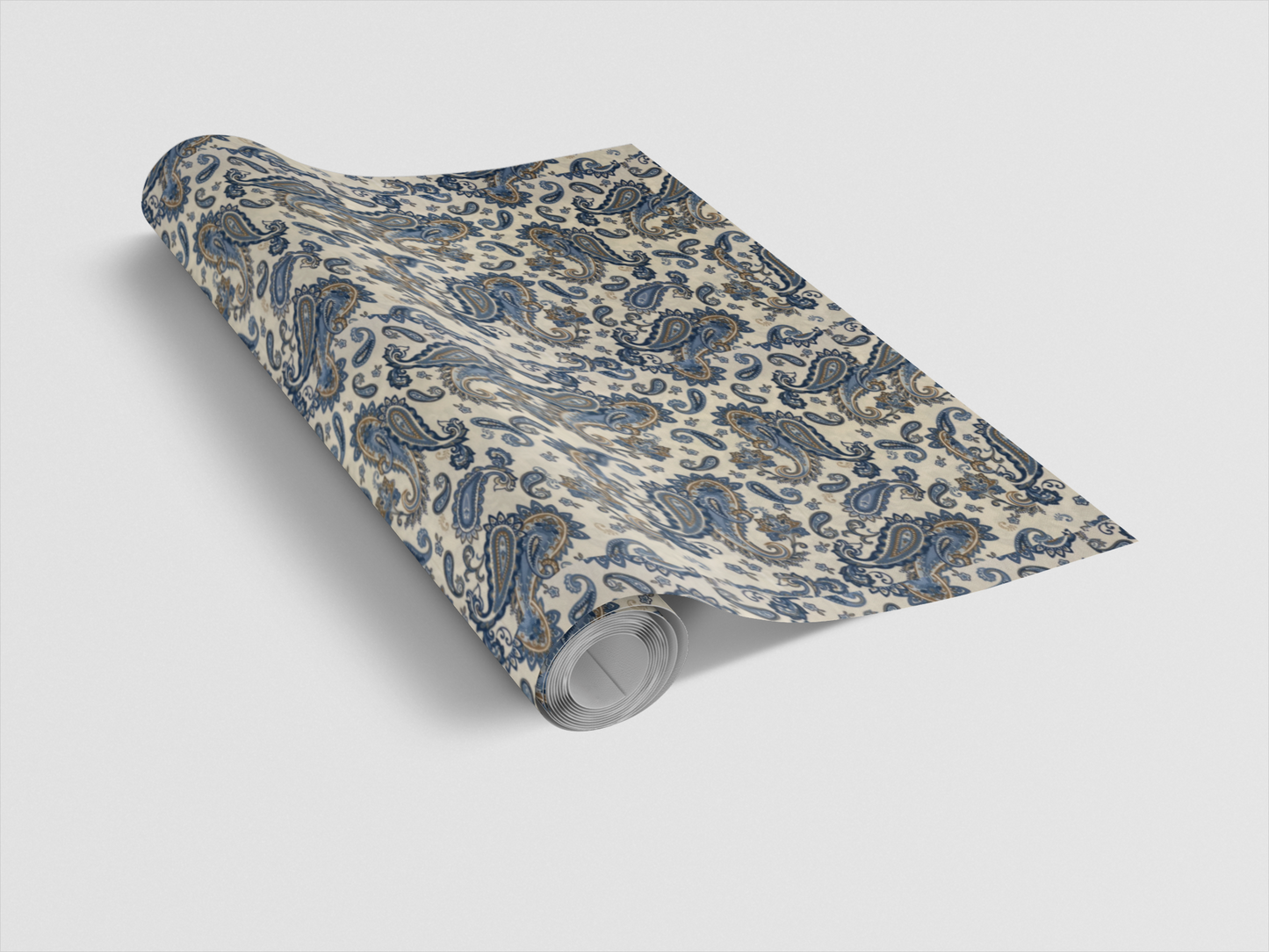 Roll of patterned paper with blue and beige design on a white background