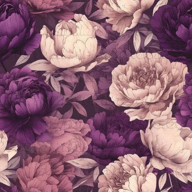 Pattern of purple and pink flowers on a dark background