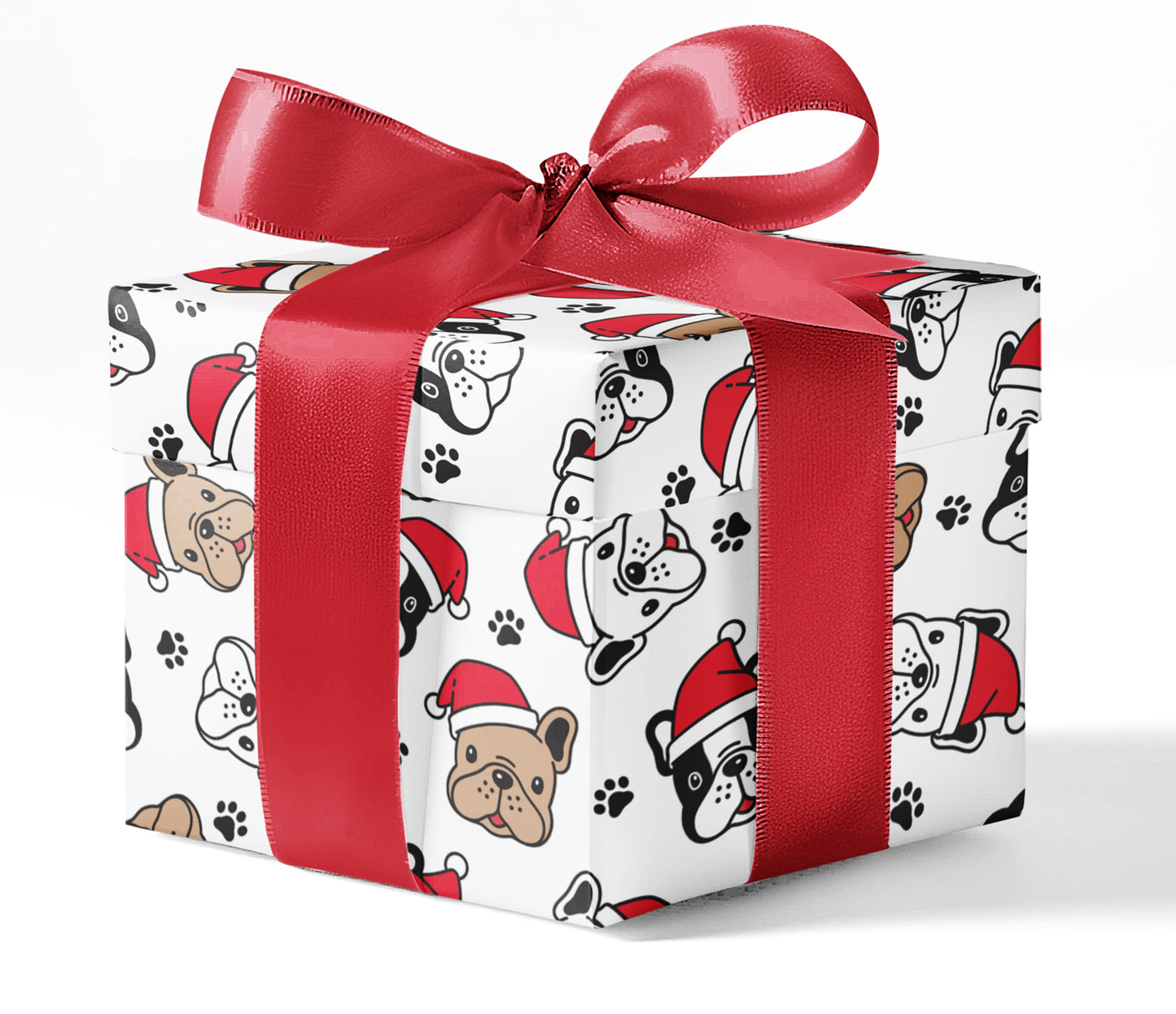 A gift box wrapped in custom wrapping paper with a doggie print and a red ribbon.