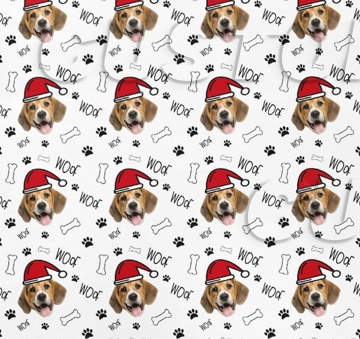 Pattern of dogs wearing red Santa hats with 'Woof' text on a white background