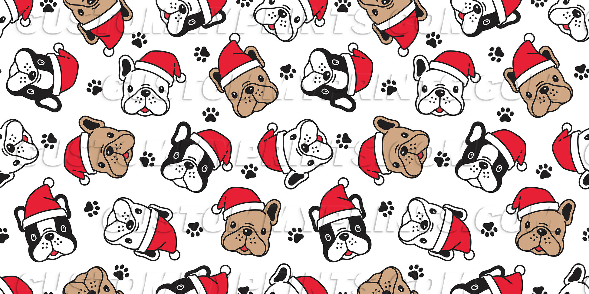 Pattern of dogs wearing Santa hats on a white background