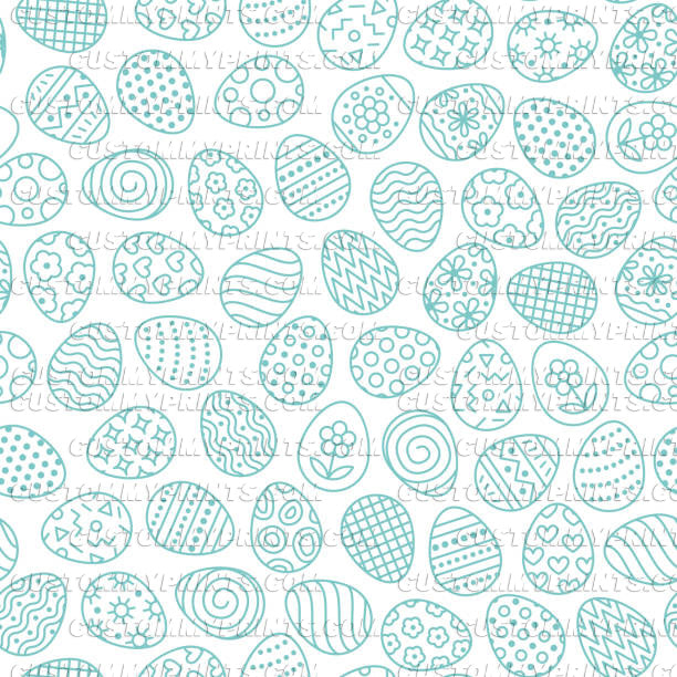 Pattern of teal Easter eggs with various designs on a white background
