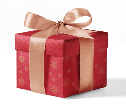 A gift box wrapped in red wrapping paper with a gold snowflake pattern and tied with a gold ribbon.