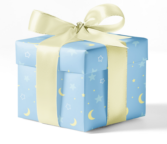 A gift box wrapped in blue custom wrapping paper with a pattern of moons and stars, tied with a yellow ribbon.