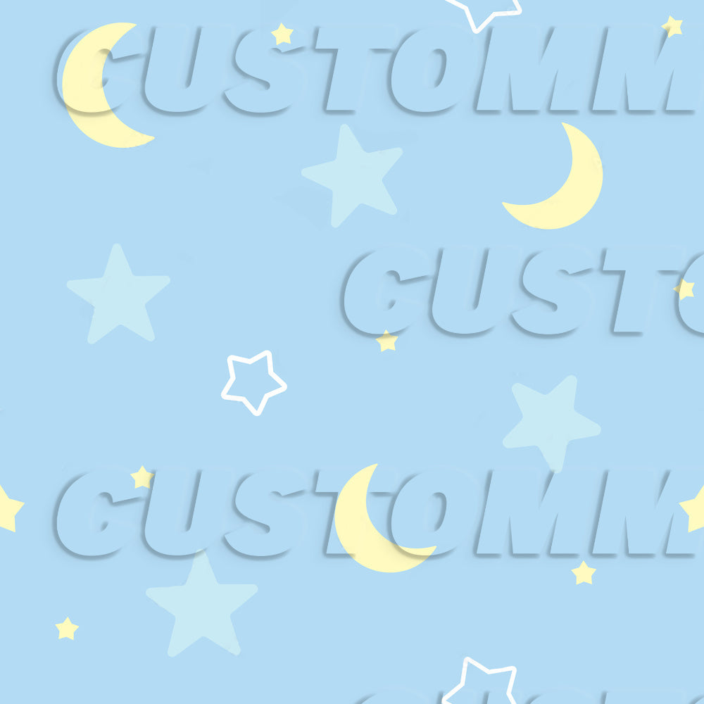 Pattern of stars, moons, and 'CUSTOM' text on a light blue background