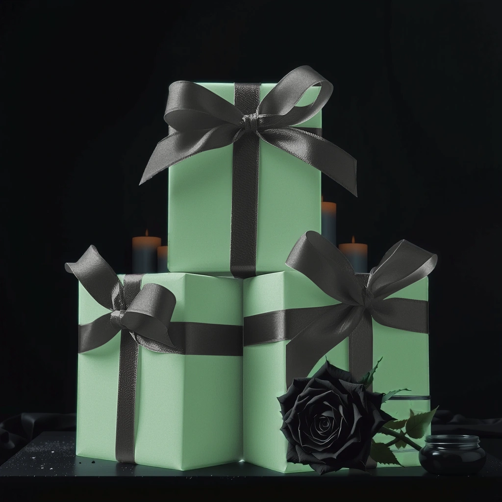 Stack of green gift boxes with black ribbons and a black rose on a dark background