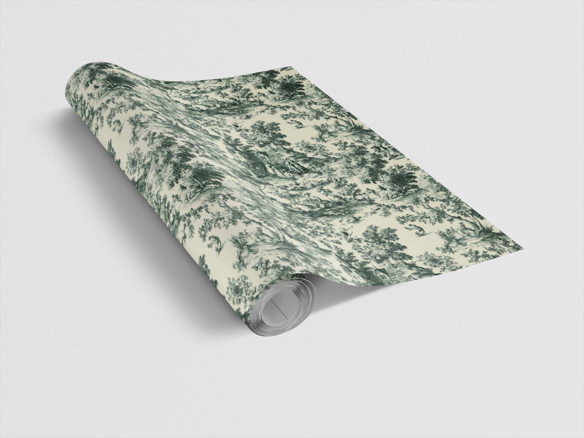 Roll of green and white floral wallpaper on a light gray background