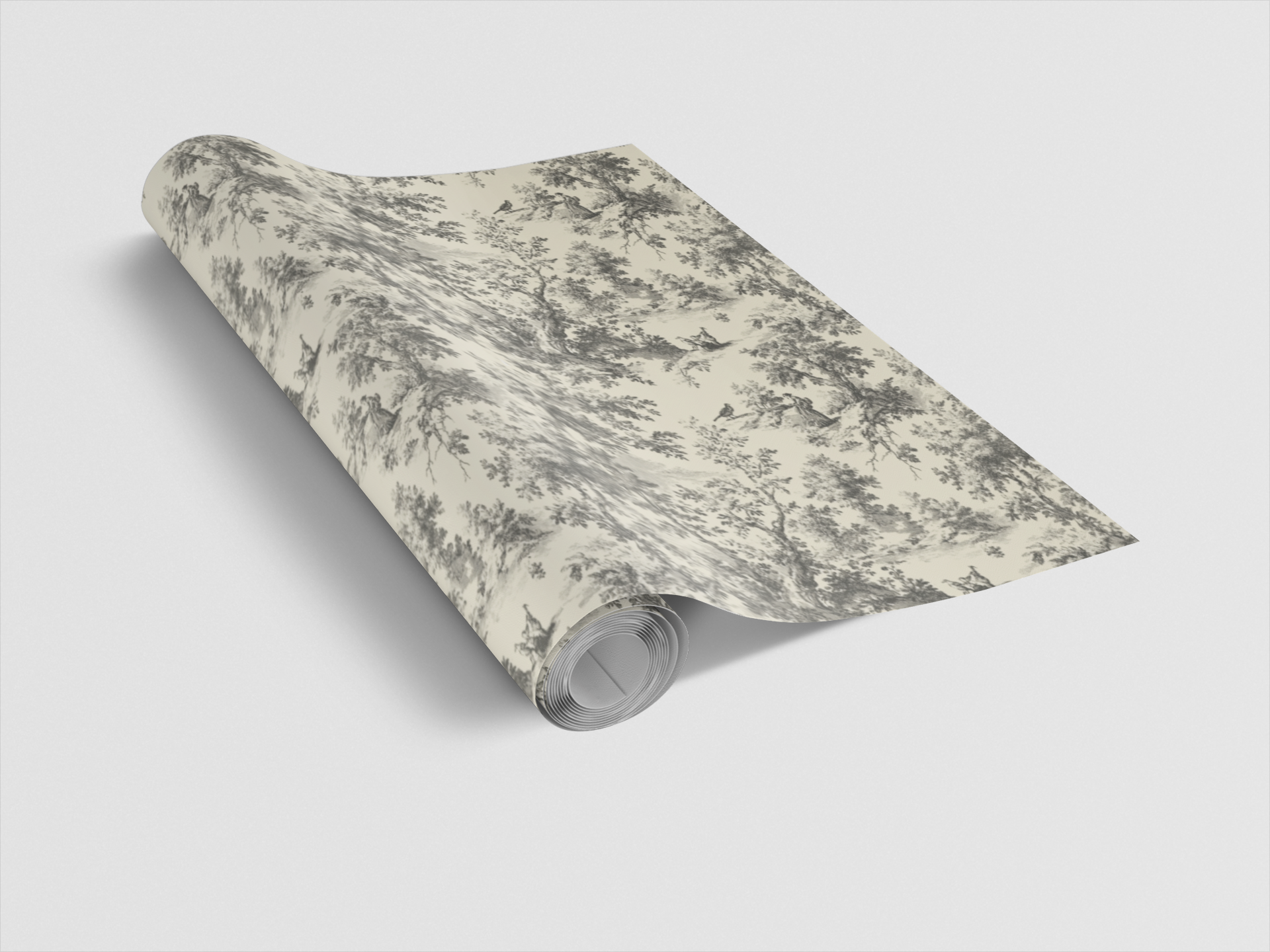 Roll of wallpaper with a subtle pattern on a light gray background