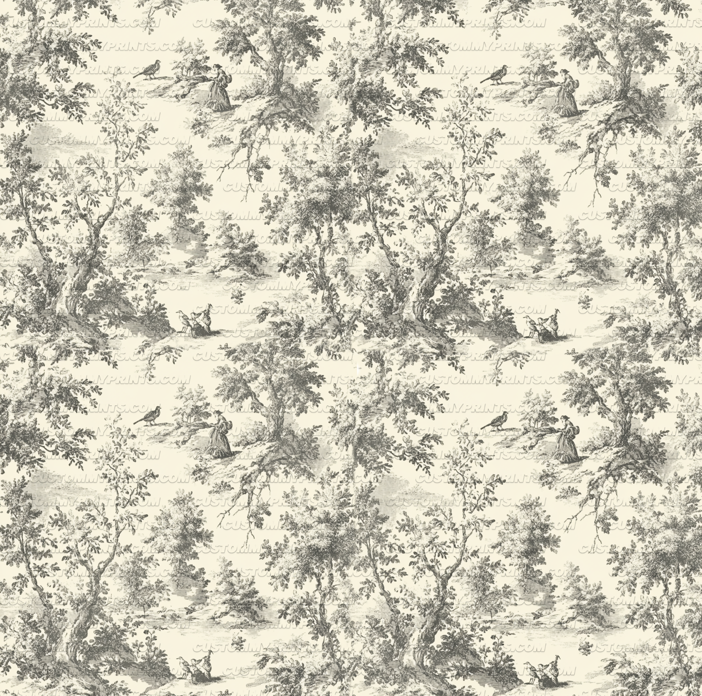 Patterned wallpaper with trees and people in a forest design on a light background