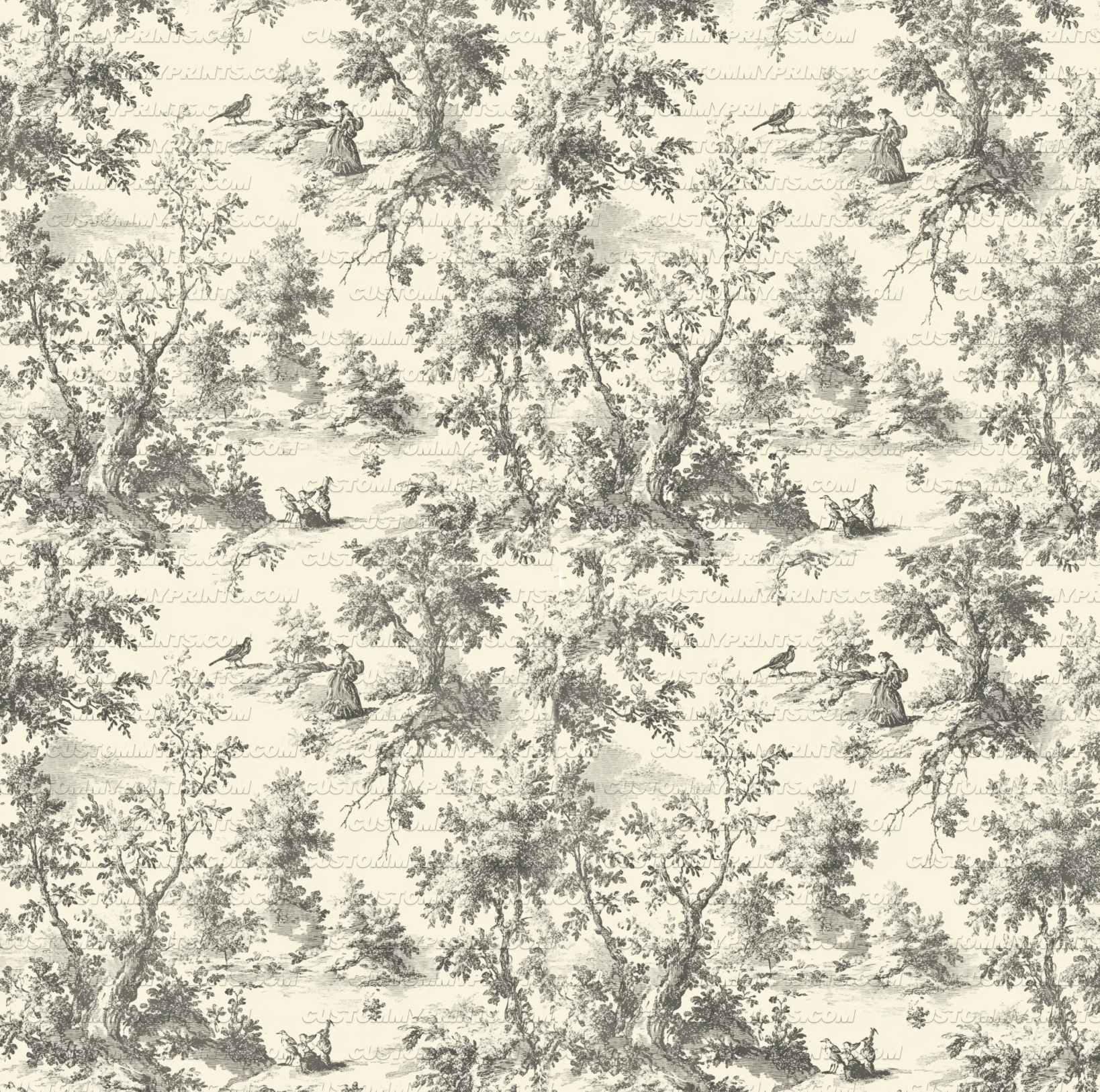 Patterned wallpaper with trees and people in a forest design on a light background