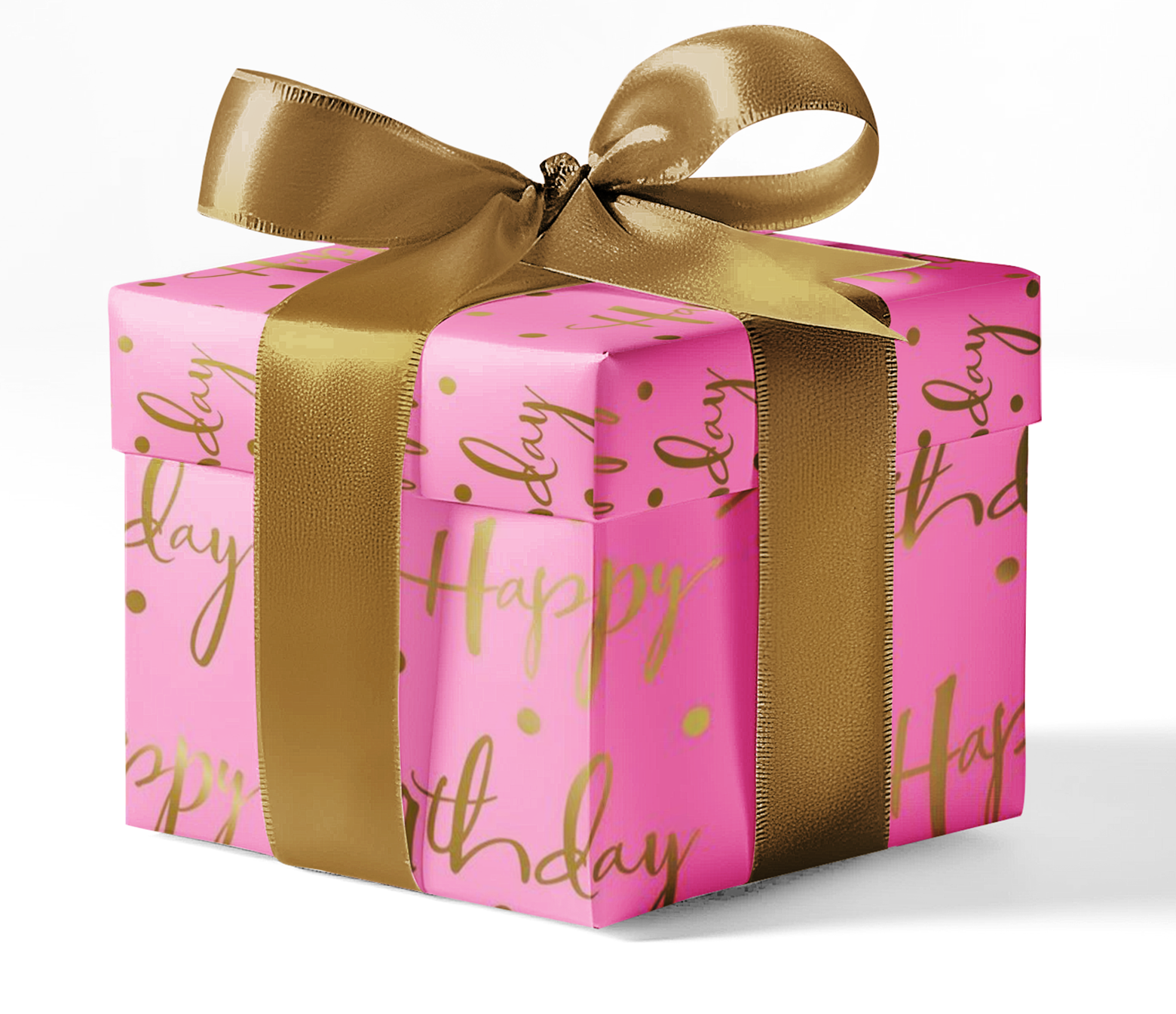 Pink background with gold script saying Happy Birthday custom wrapping paper