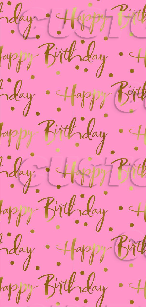Pink background with gold 'Happy Birthday' text and polka dots