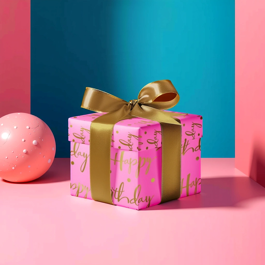 Pink gift box with gold ribbon and 'Happy Birthday' text on a colorful background