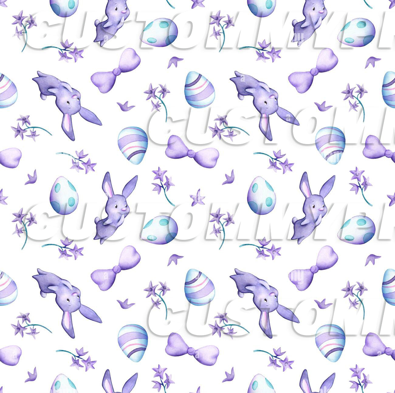 Pattern of Easter-themed elements including bunnies, eggs, and flowers on a white background.