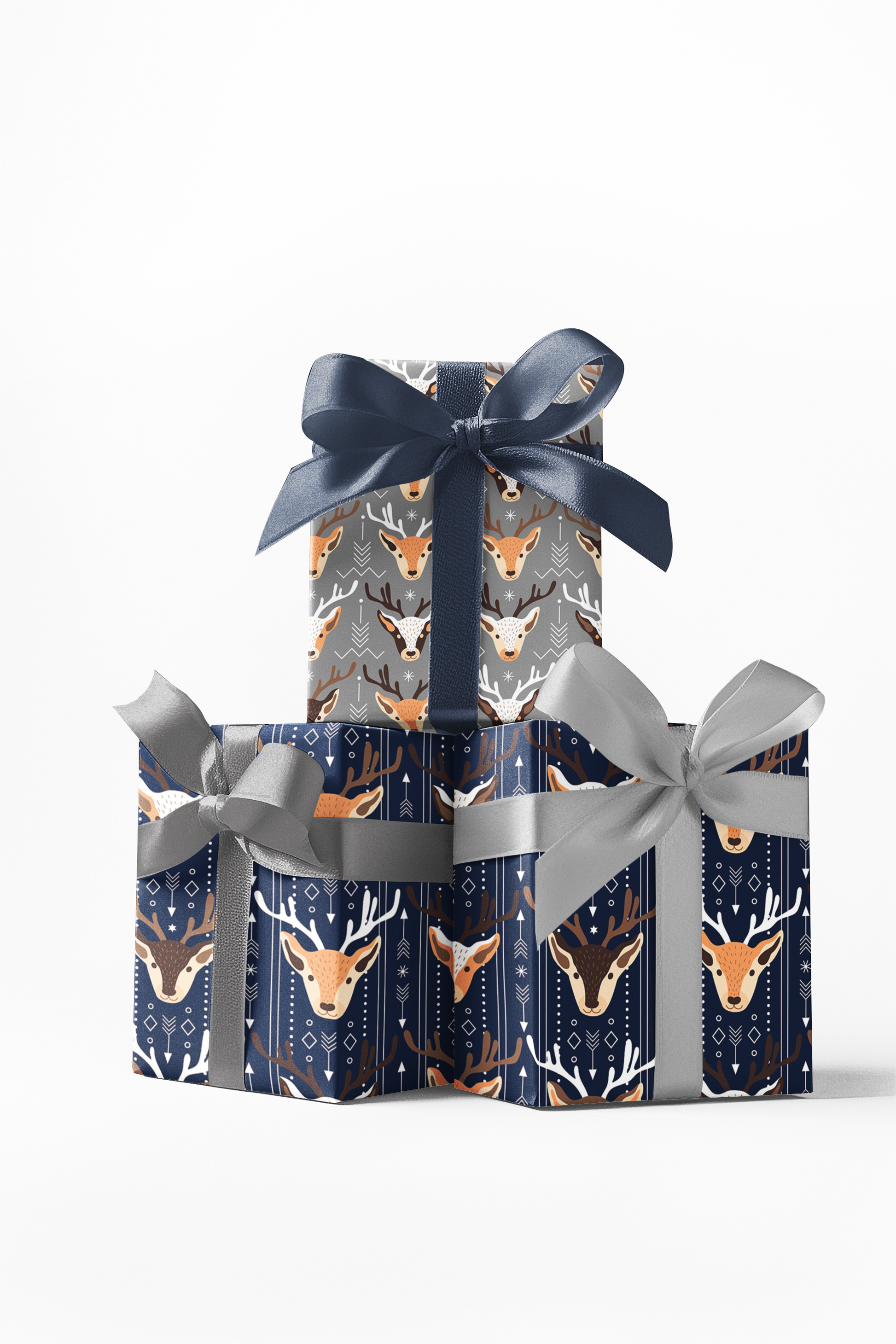 Custom wrapping paper with a deer pattern, displayed on gift boxes tied with blue and gray ribbons.