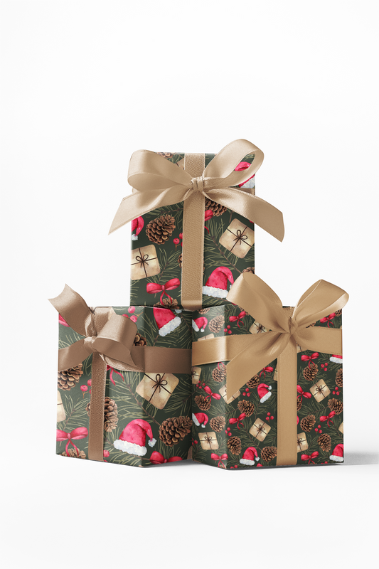 Three wrapped gifts with custom wrapping paper featuring a Christmas theme, including Santa hats and holiday decorations, tied with brown ribbons.
