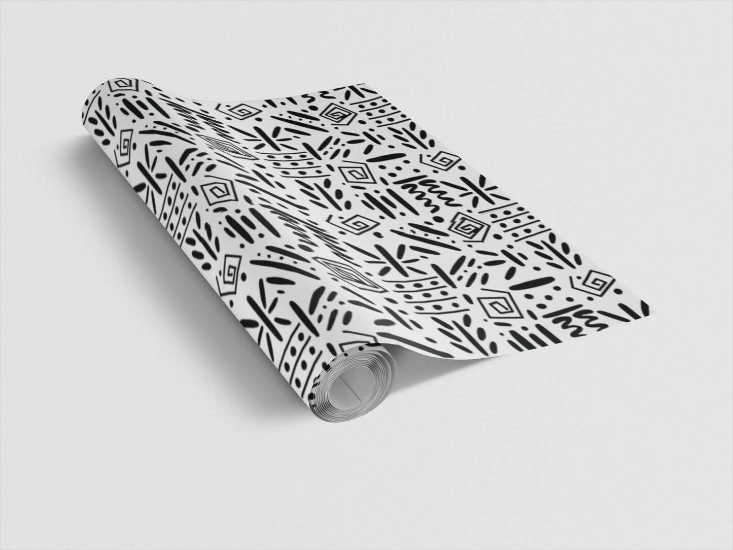 Roll of wallpaper with black geometric pattern on a white background