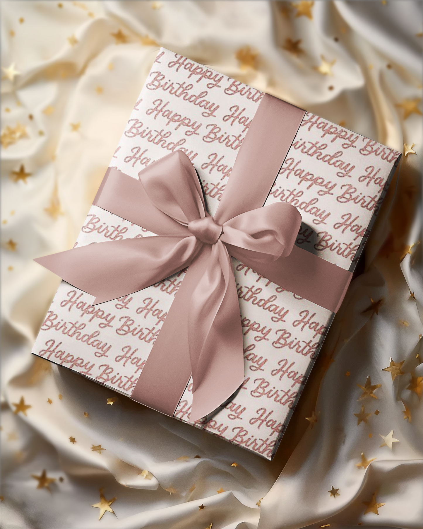Gift box with 'Happy Birthday' text and a pink ribbon on a star-patterned fabric background